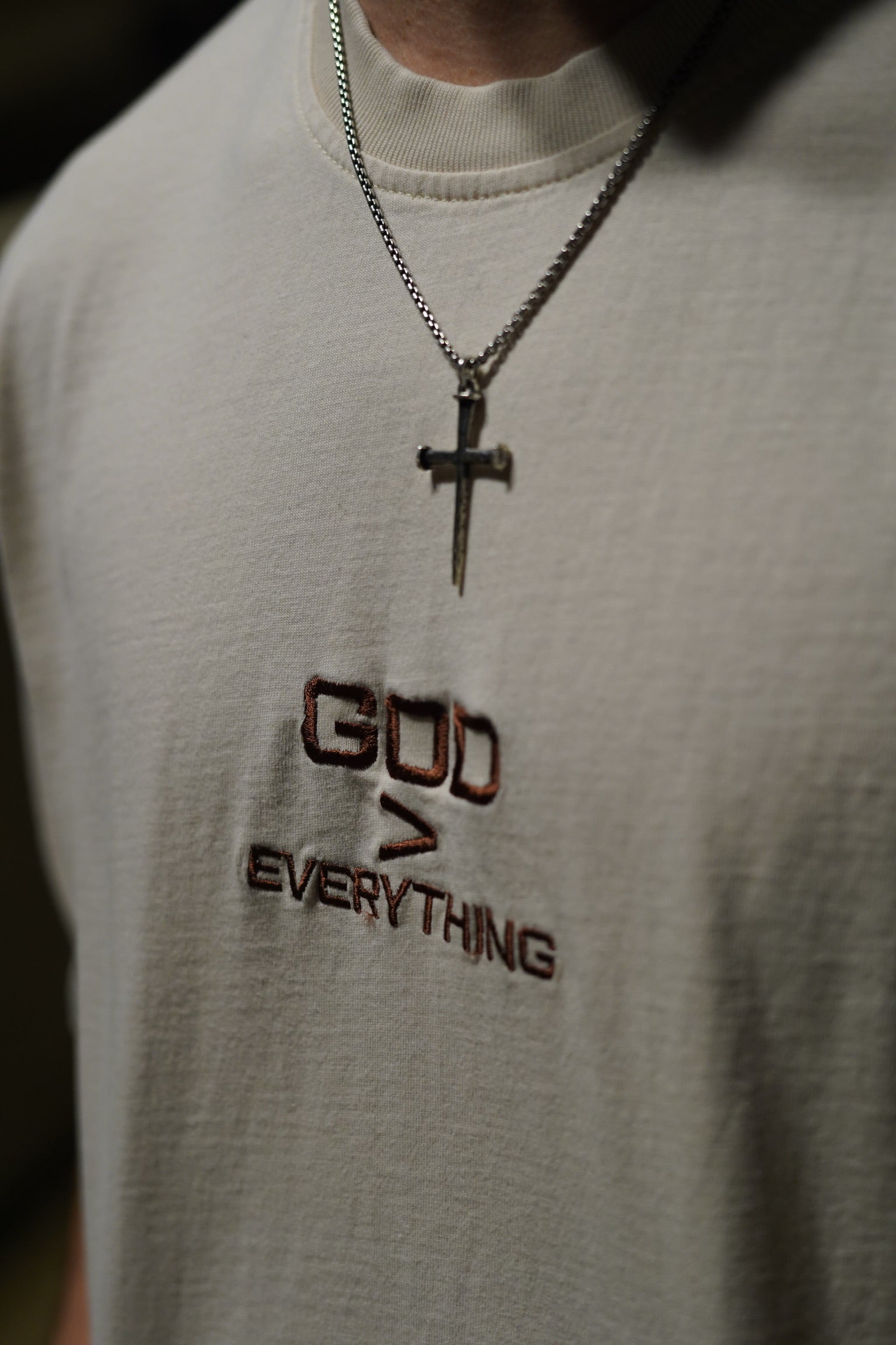 God Over Everything Brown on Faded Bone Oversized Shirt