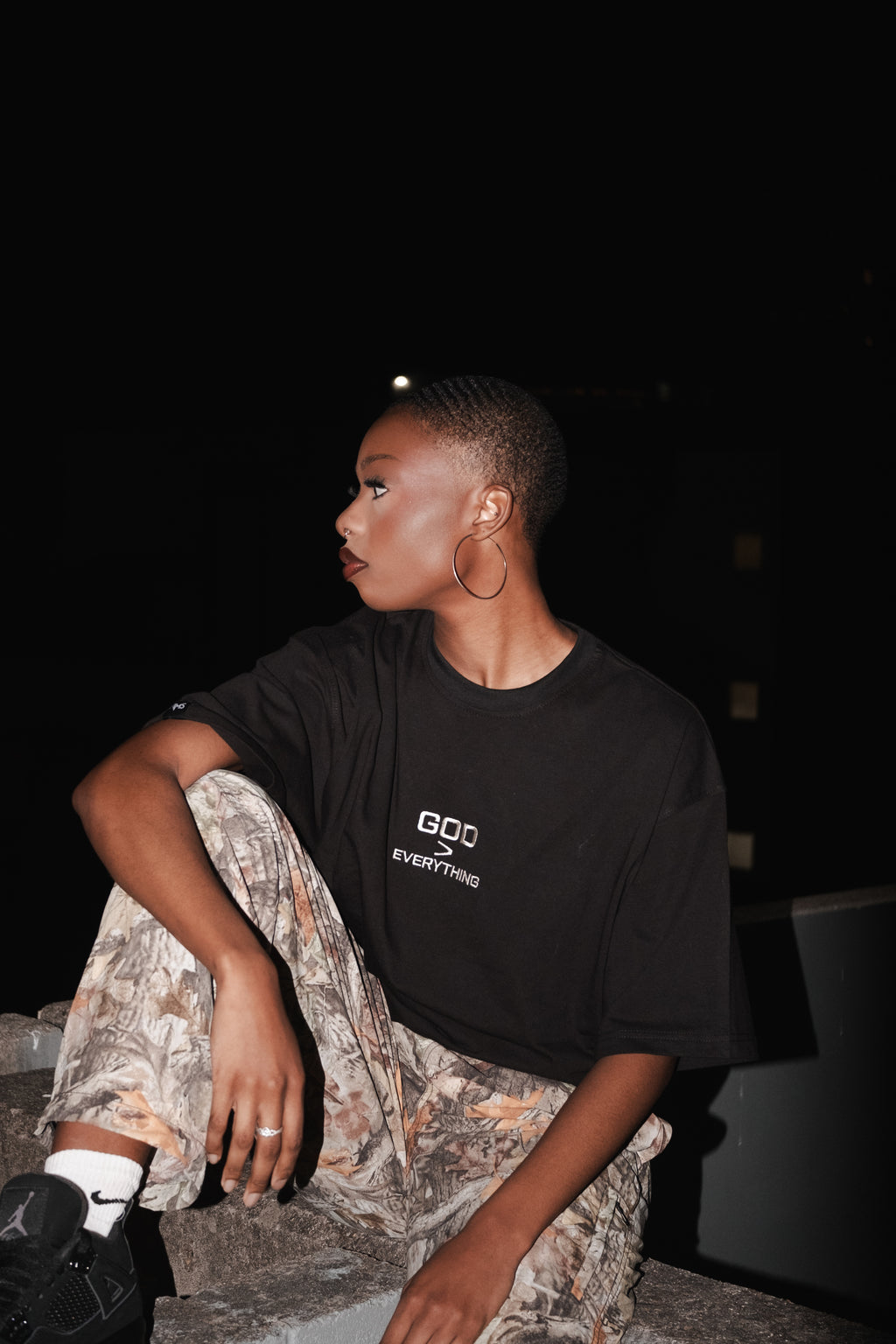 God > Everything "Bone White" on Faded Black Oversized Shirt