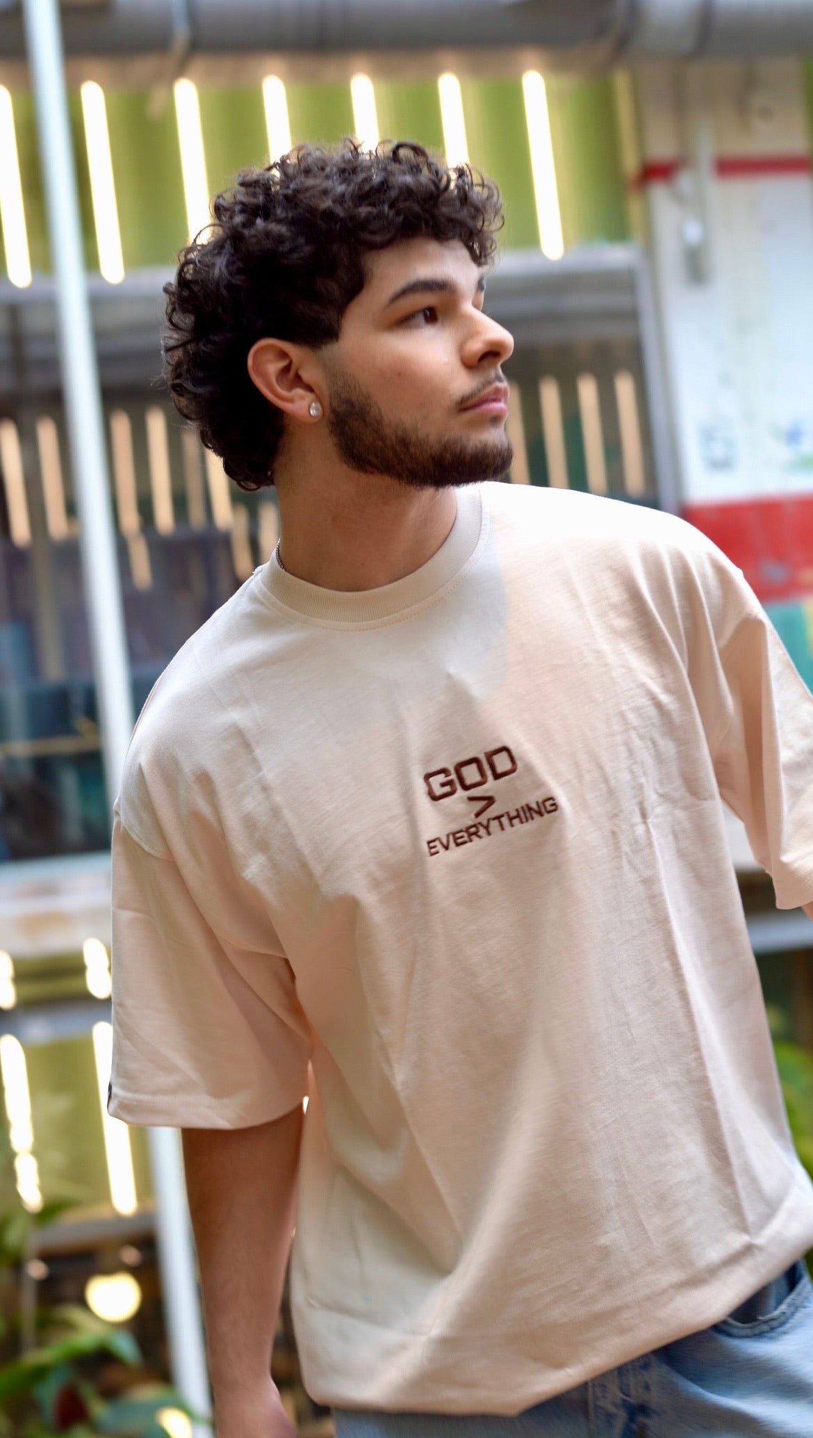 God Over Everything Brown on Faded Bone Oversized Shirt