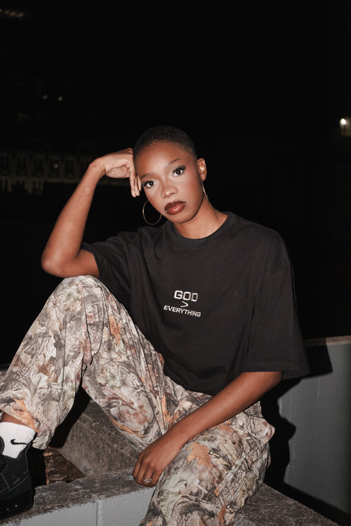 God > Everything "Bone White" on Faded Black Oversized Shirt