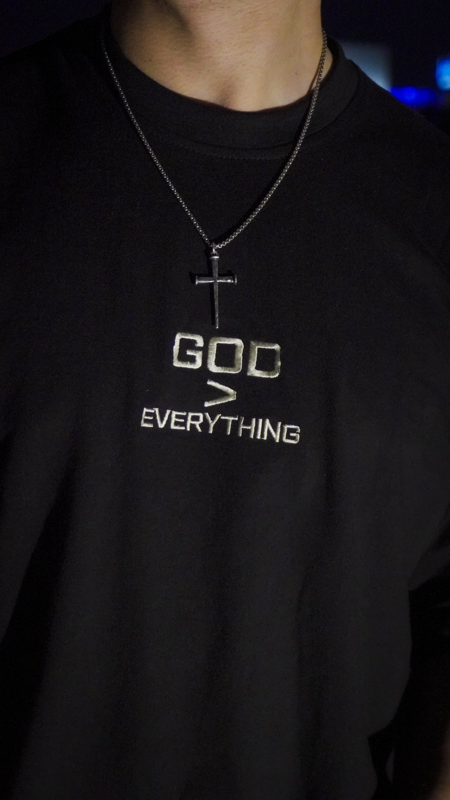 God > Everything "Bone White" on Faded Black Oversized Shirt