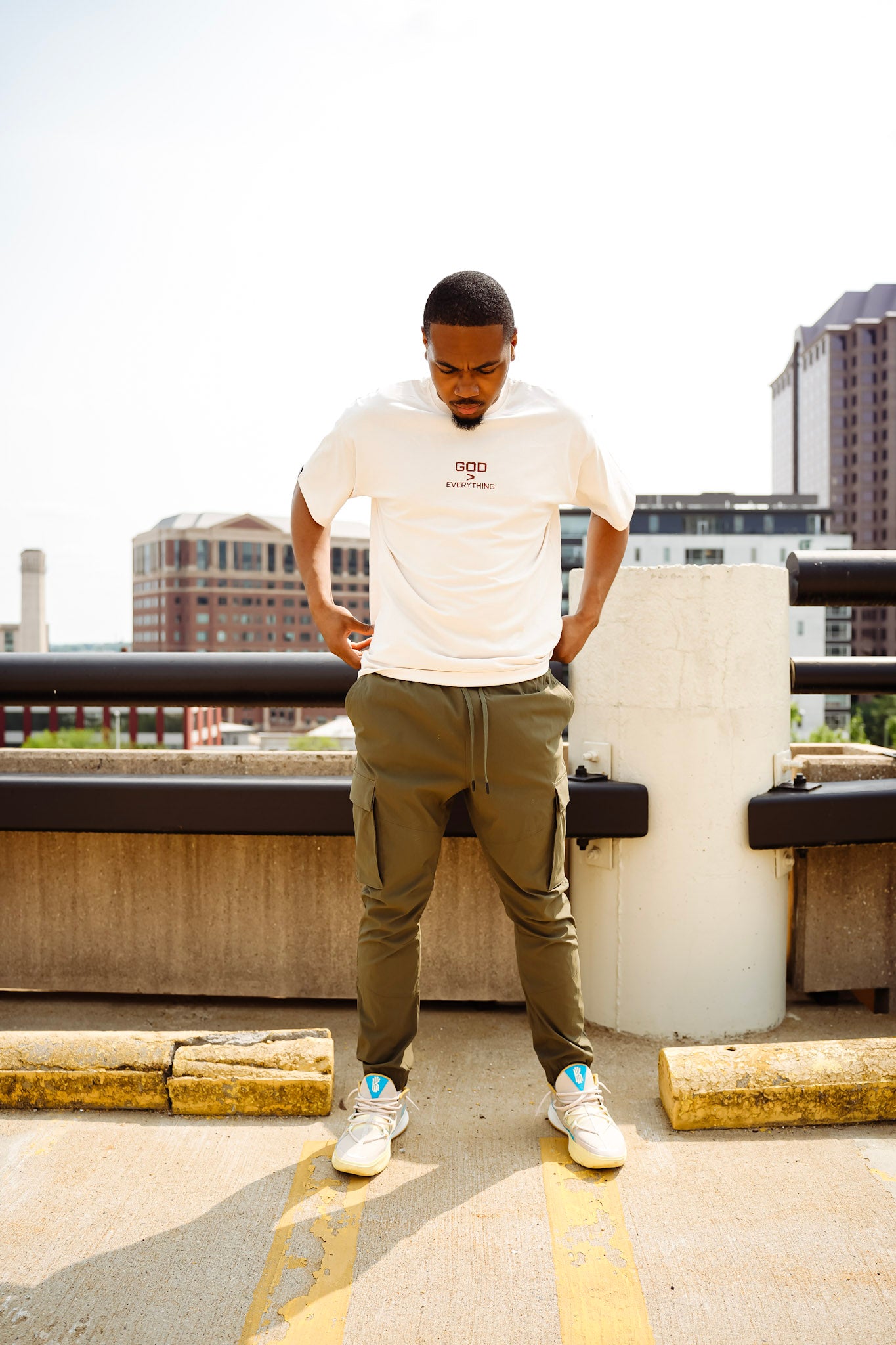 God Over Everything Brown on Faded Bone Oversized Shirt